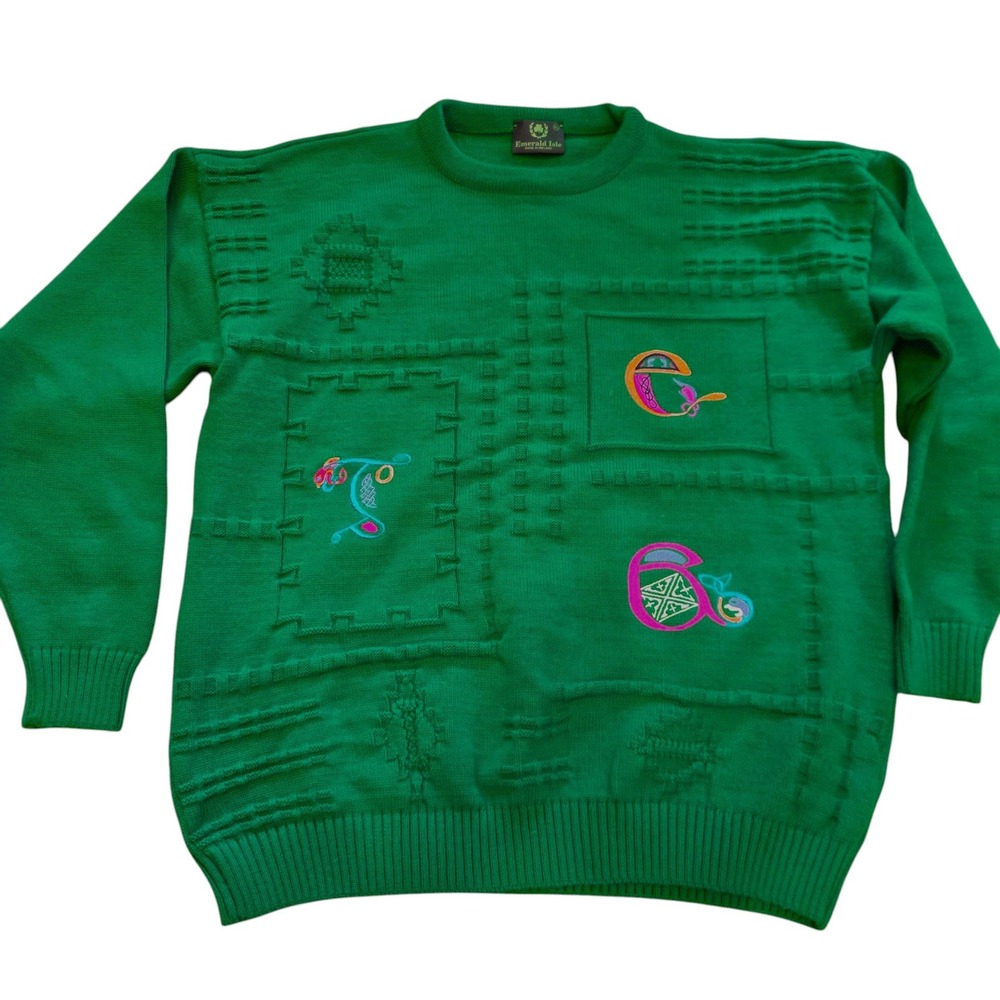 Emerald Isle Sweater Womens XL Green Celtic Embroidery book of Kells Ireland
